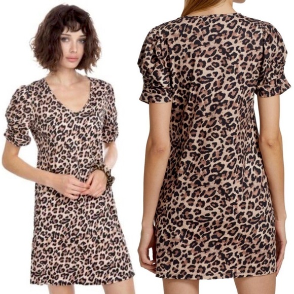 REVOLVE X GEN LOVE Puff Short Sleeve V-Neck Animal Print Cotton Shift Dress XS - Picture 2 of 10